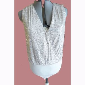 Gilli Sequin Sleeveless Faux Wrap Bodysuit Classy Party Top Blouse V-neck L